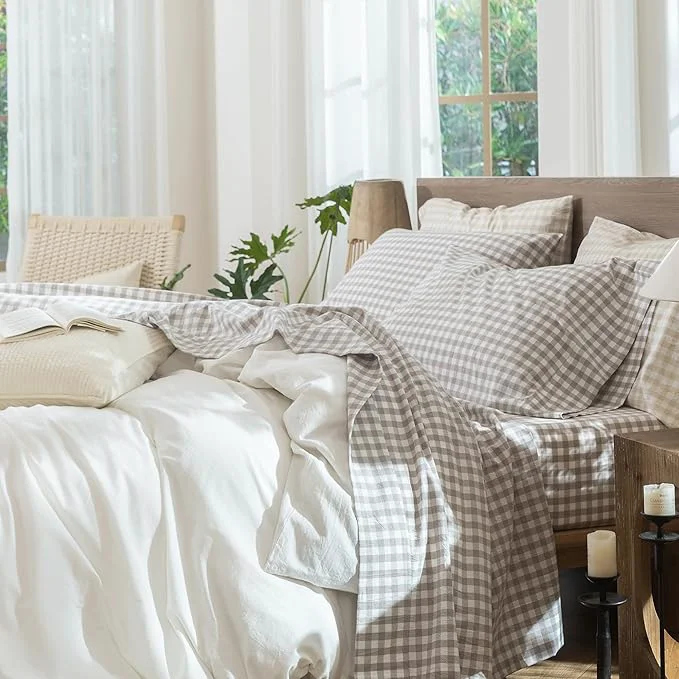 Contemporary MooMee Gingham Sheet Set Washed Cotton Linen Like Textured Breathable Soft w Fully Elasticized 16-19 quot Deep Pocket Classic Gingham Tannish Linen Grey Queen Recyclable