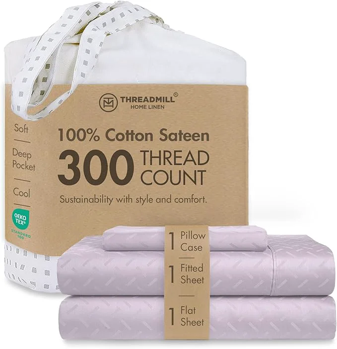 Original Design Threadmill Cotton Twin XL Sheet Set Cotton Sheets for Twin XL Size Bed Damask Jacquard Sateen Twin XL Bed Sheets Set with 16 Deep Pocket Soft Breathable 3-Piece Cooling Sheet Set Lilac Luxury