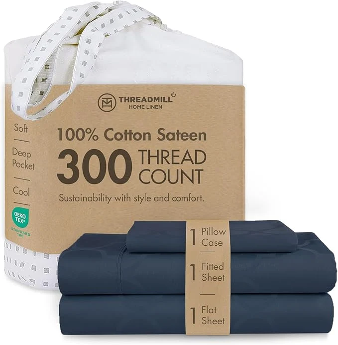 Solid Threadmill Cotton Twin Sheet Set Cotton Sheets for Twin Size Bed Damask Jacquard Sateen Twin Bed Sheets Set with 16 Deep Pocket Soft Breathable 3-Piece Cooling Sheet Set Folkstone Blue Sophisticated