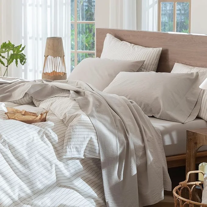 Advanced MooMee Bedding Sheet Set Washed Cotton Linen Like Textured Breathable Durable Soft Comfy Solid Light Tan Full Sophisticated