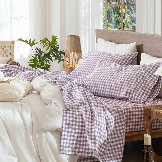 MooMee Gingham Sheet Set Washed Cotton Linen Like Textured Breathable Soft w Fully Elasticized 16-19 quot Deep Pocket Classic Gingham Light Purple Queen Genuine