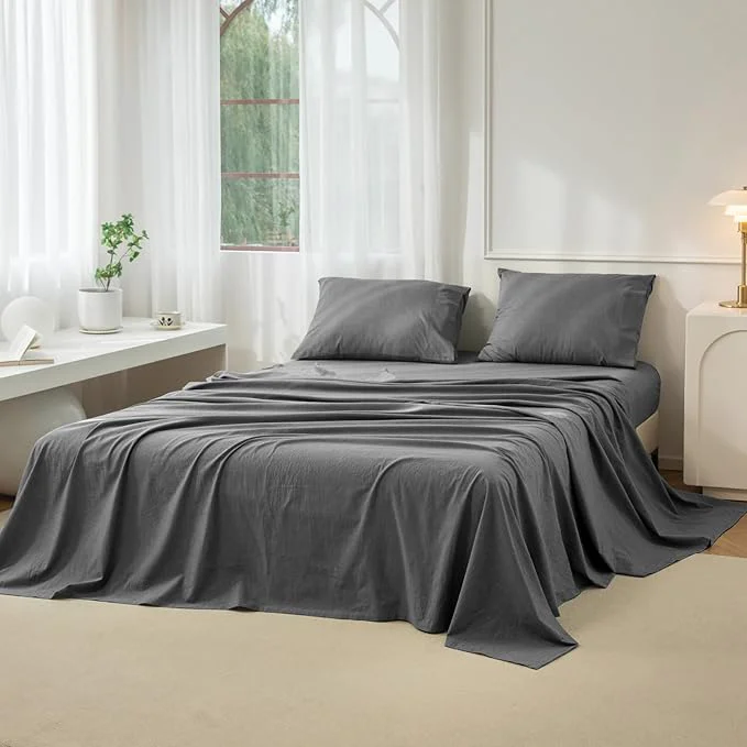 Optimized JIYUAN Full Size Sheet Set 4-Piece – Washed Cotton Linen-Like Soft amp Breathable Includes Deep Pocket Fitted amp Flat Sheet with 2 Pillowcases Hotel Quality Heathered Dark Grey Easy-to-Use