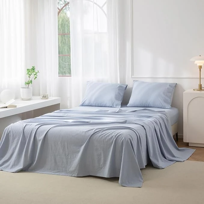 Clean JIYUAN California King Size Sheet Set 4-Piece – Washed Cotton Linen-Like Soft amp Breathable Includes Deep Pocket Fitted amp Flat Sheet with 2 Pillowcases Hotel Quality Heathered Light Blue Certified