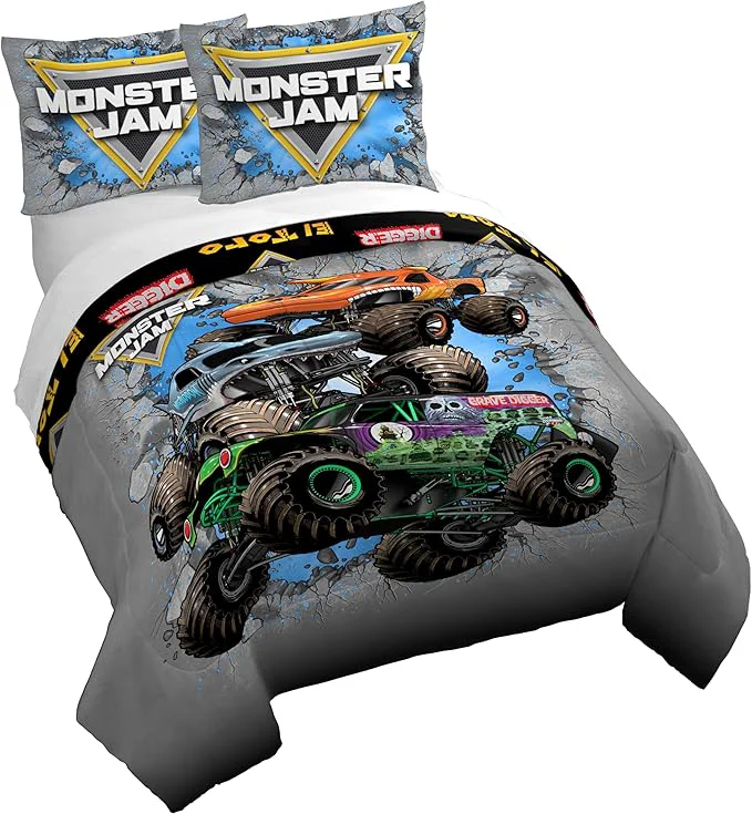 Fashionable Jay Franco Duvet Cover Set – 3 Piece Comforter Cover and Sham Set Super Soft Cozy Kids Bedding Insert Not Included Grey – Monster Jam Queen Enhanced