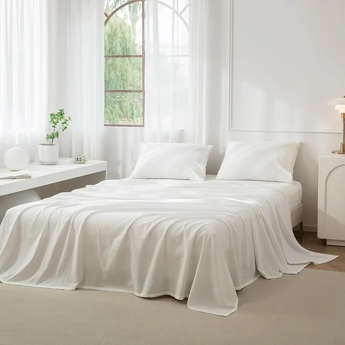 Crafted JIYUAN Twin Size Sheet Set 3-Piece – Washed Cotton Linen-Like Soft amp Breathable Includes Deep Pocket Fitted amp Flat Sheet with 1 Pillowcases Hotel Quality Solid Off White Clean