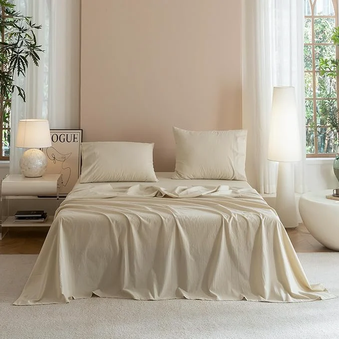 Solid JIYUAN King Size Sheet Set 4-Piece – Washed Cotton Linen-Like Soft amp Breathable Includes Deep Pocket Fitted amp Flat Sheet with 2 Pillowcases Hotel Quality Heathered Beige Fast