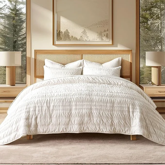 Certified EVERGRACE Luxury Ruched Velvet Quilt King Size Ultra Soft Bedspread Coverlet Set Lightweight Velvet Comforter Quilted Bedding Cover with 2 Matching Shams for All Season Ivory White Fine Crafted