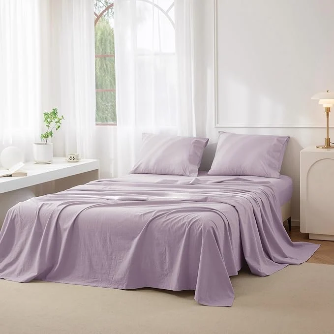 Detailed JIYUAN Queen Size Sheet Set 4-Piece – Washed Cotton Linen-Like Soft amp Breathable Includes Deep Pocket Fitted amp Flat Sheet with 2 Pillowcases Hotel Quality Heathered Light Purple