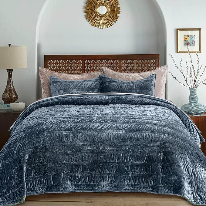 Excellent EVERGRACE Luxury Ruched Velvet Quilt Queen Size Ultra Soft Bedspread Coverlet Set Lightweight Velvet Comforter Quilted Bedding Cover with 2 Matching Shams for All Season Stormy Blue Sustainable