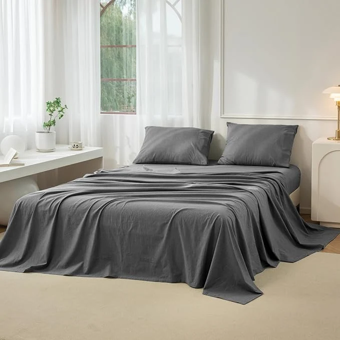 Elegant JIYUAN Queen Size Sheet Set 4-Piece – Washed Cotton Linen-Like Soft amp Breathable Includes Deep Pocket Fitted amp Flat Sheet with 2 Pillowcases Hotel Quality Heathered Dark Grey High-Quality