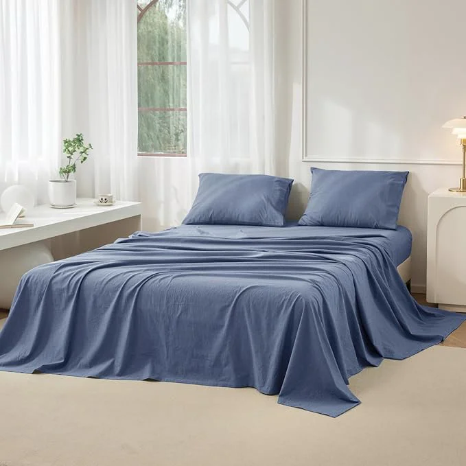 Advanced JIYUAN Queen Size Sheet Set 4-Piece – Washed Cotton Linen-Like Soft amp Breathable Includes Deep Pocket Fitted amp Flat Sheet with 2 Pillowcases Hotel Quality Heathered Blue Genuine