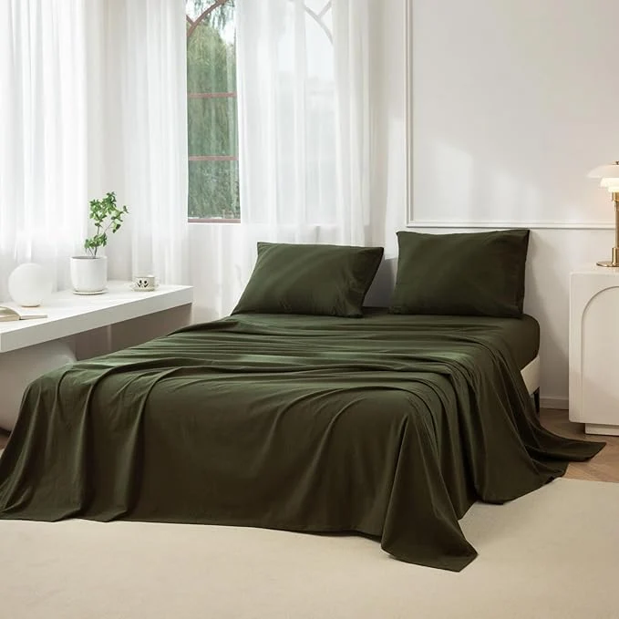 Top-Quality JIYUAN Twin Size Sheet Set 3-Piece – Washed Cotton Linen-Like Soft amp Breathable Includes Deep Pocket Fitted amp Flat Sheet with 1 Pillowcases Hotel Quality Solid Olive Green Official