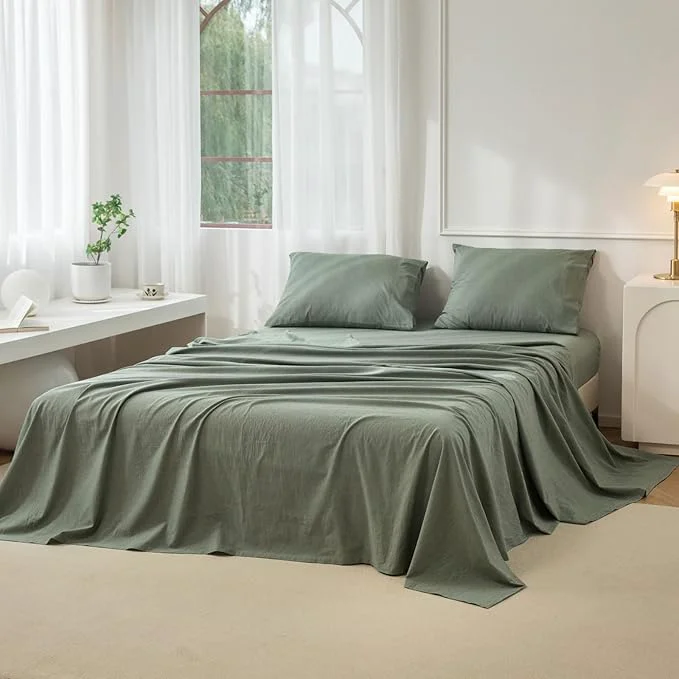 Excellent JIYUAN California King Size Sheet Set 4-Piece – Washed Cotton Linen-Like Soft amp Breathable Includes Deep Pocket Fitted amp Flat Sheet with 2 Pillowcases Hotel Quality Heathered Green Consistent