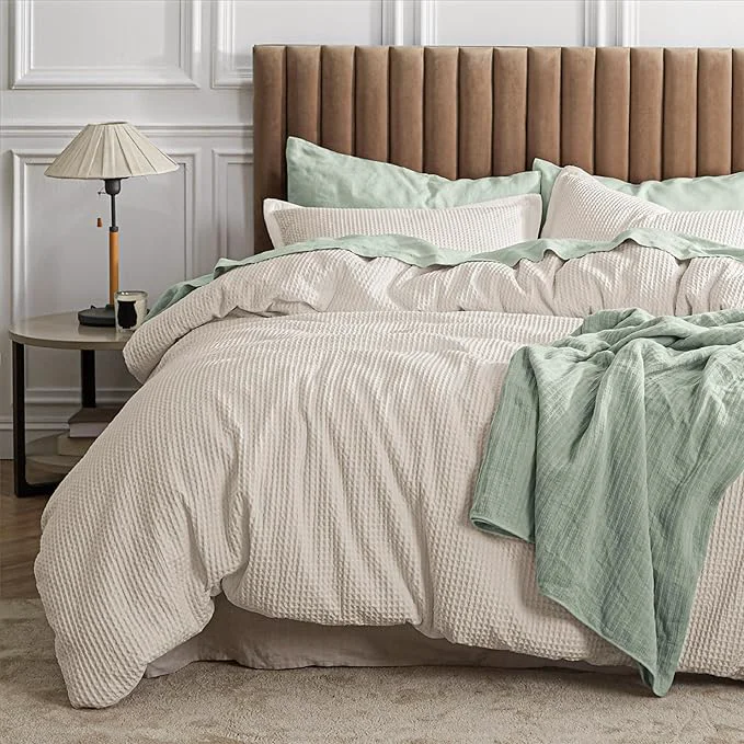 Relaxed Bedsure Waffle Comforter Set King Beige Soft Bedding Waffle Weave Bed Set 3 Pieces 1 Comforter 104 quot x90 quot and 2 Pillow Shams Cotton Shell and Polyester Lining for All Seasons Natural