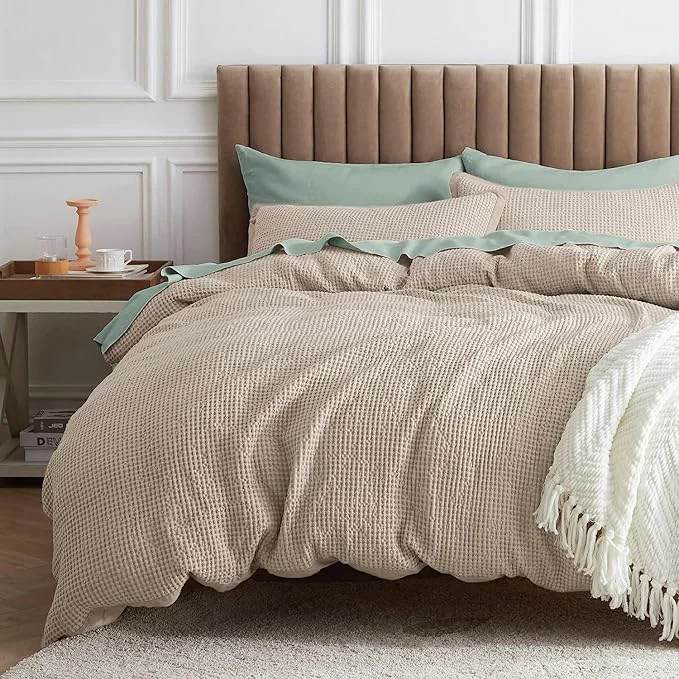 Genuine Bedsure Waffle Comforter Set Full Khaki Soft Bedding Waffle Weave Bed Set 3 Pieces 1 Comforter 82 quot x86 quot and 2 Pillow Shams Cotton Shell and Polyester Lining for All Seasons Environmentally Friendly