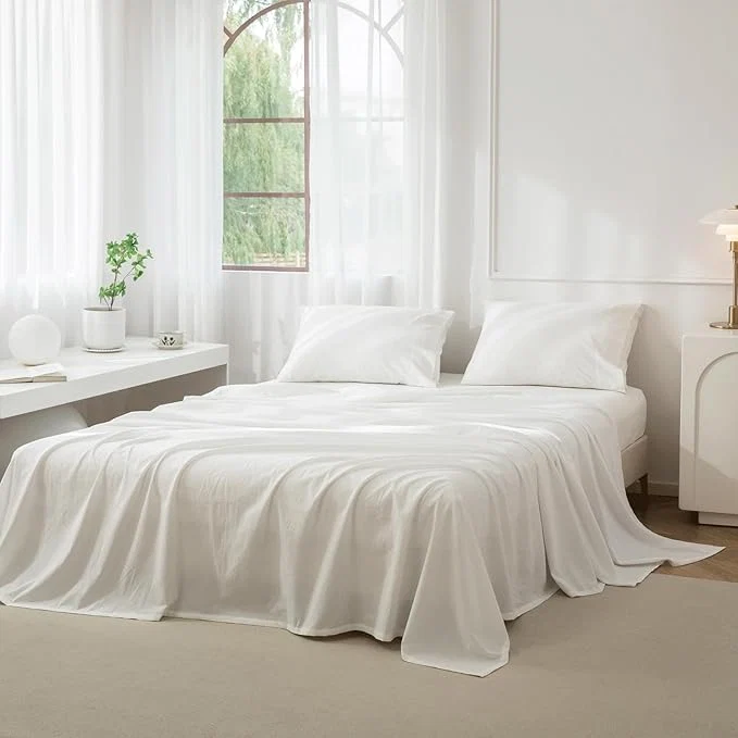 Comfortable JIYUAN Queen Size Sheet Set 4-Piece – Washed Cotton Linen-Like Soft amp Breathable Includes Deep Pocket Fitted amp Flat Sheet with 2 Pillowcases Hotel Quality Solid Off White Functional