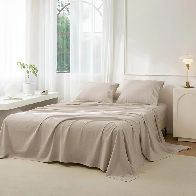 Verified JIYUAN Queen Size Sheet Set 4-Piece – Washed Cotton Linen-Like Soft amp Breathable Includes Deep Pocket Fitted amp Flat Sheet with 2 Pillowcases Hotel Quality Heathered Tannish Linen Grey Clean