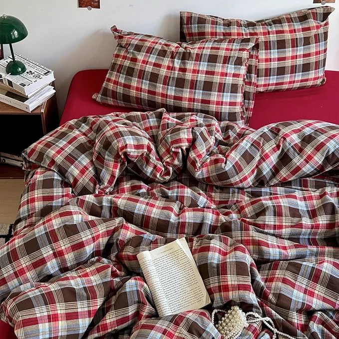 High-End Vintage Red Brown Buffalo Plaid Duvet Cover Queen 3 Pieces Washed Cotton Plaid Bedding Set Breathable Soft Grid Checkered Pattern Comforter Cover Farmhouse Gingham Duvet Cover with Zipper Closure Recyclable