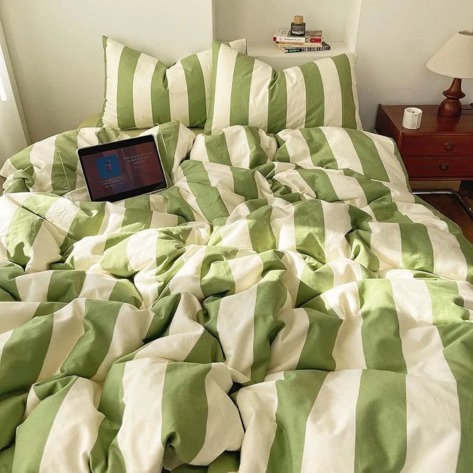 Effective 3 Pieces Striped Duvet Cover Set King Washed Microfber Sage Green and White Stripes Pattern Printed Comforter Cover Farmhouse Striped Bedding Set Breathable Duvet Cover with Zipper Closure Specialty