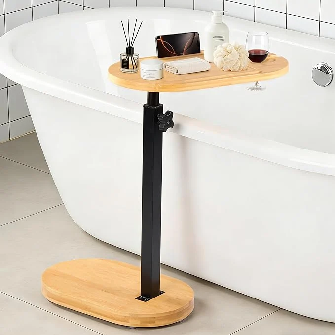 High-Grade Bamboo Bathtub Side Table 360° Swivel Height Adjustable standing Bath Prestigious