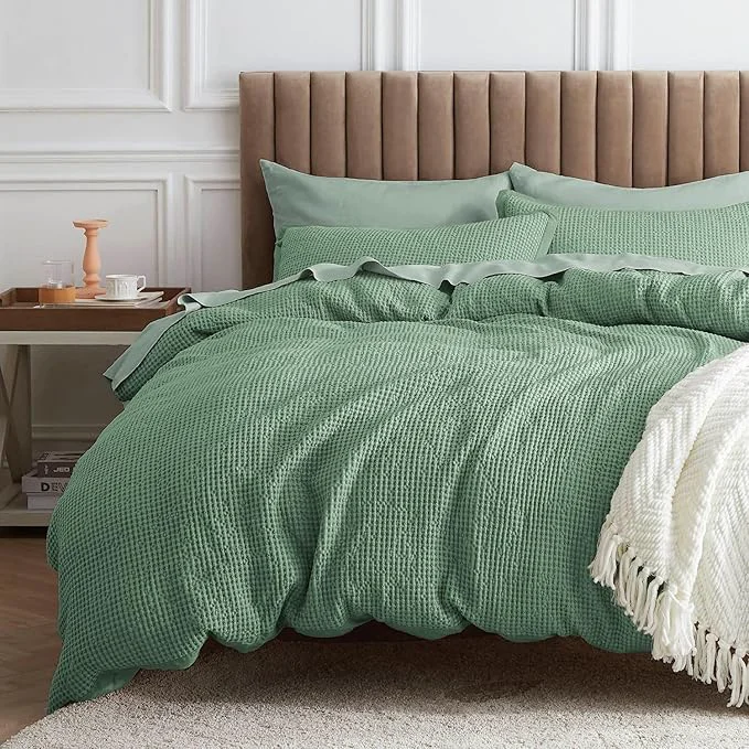Crafted Bedsure Waffle Comforter Set King Green Soft Bedding Waffle Weave Bed Set 3 Pieces 1 Comforter 104 quot x90 quot and 2 Pillow Shams Cotton Shell and Polyester Lining for All Seasons Efficient