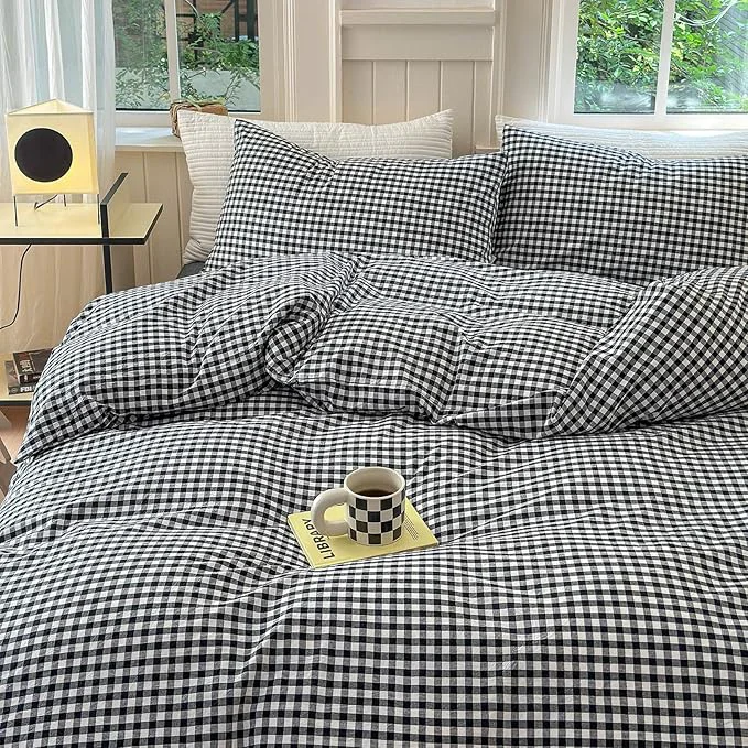 Safe LifeTB Black White Gingham Duvet Cover Twin Washed Cotton Breathable Plaid Duvet Cover with 2 Pillowcases Modern 3 Piece Grid Bedding Set Vintage Plaid Checkered Comforter Cover with Zipper Ties Recyclable
