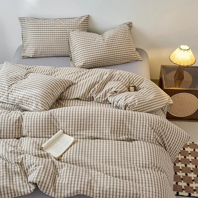 Functional LifeTB Grey Gingham Duvet Cover Set King Soft Washed Cotton Grid Duvet Cover 3 Pieces Vintage Checked Plaid Comforter Cover with 2 Pillowcases Linen Like Breathable Farmhouse Gingham Bedding Set Reusable