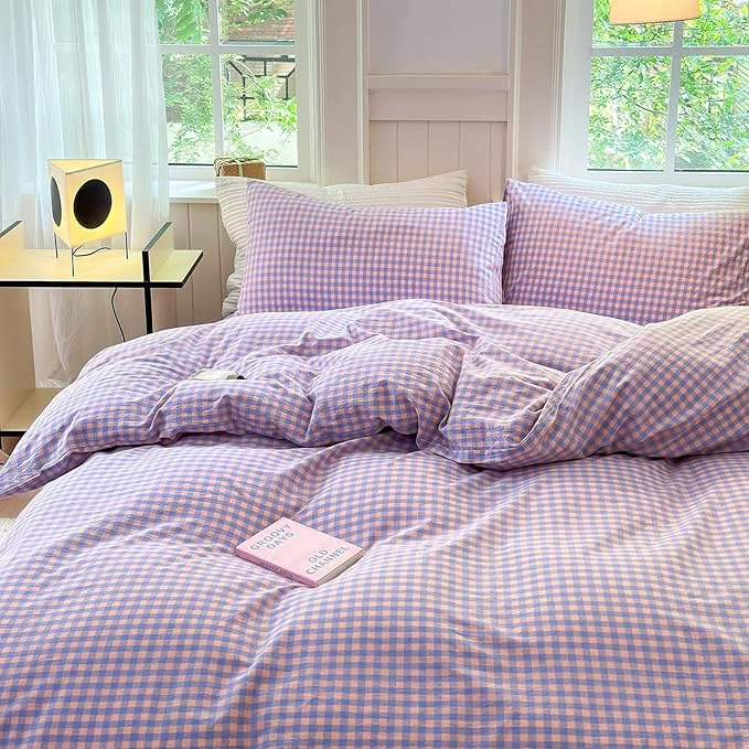 Premium LifeTB Purple Grid Duvet Cover Set King 3 Pieces Plaid Checkered Comforter Cover Washed Cotton Plaid Bedding Set Buffalo Grid Comforter Cover with Zipper Closure Soft Breathable Quilt Cover King High-Performance