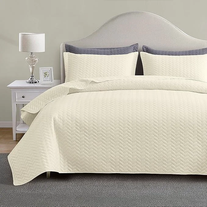 Recyclable Maple amp Stone Quilt Set Oversized King Size 128 quot x120 quot Lightweight Cream White Bedspread Ultrasonic Chevron Pattern Light Coverlet for All Season Comforter Bedding Decor – 3 Piece Bed Cover Sets Carefully Designed