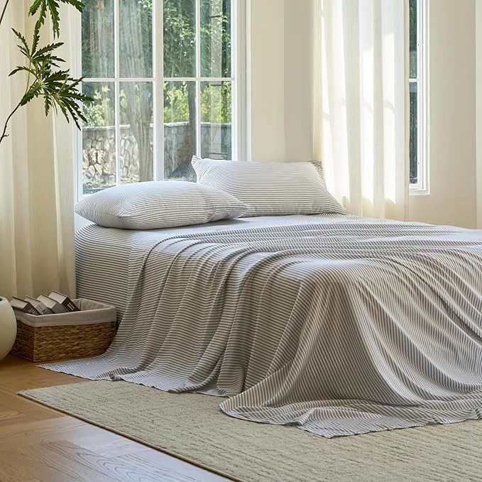Exceptional DOZ Sheet Set Viscose derived from Bamboo Organically Grown Buttery Soft Cooling Sheets High GSM Deep Pockets – 4 Piece – 2 Pillowcases 1 Fitted Sheet 1 Top Sheet Stripe King Premium
