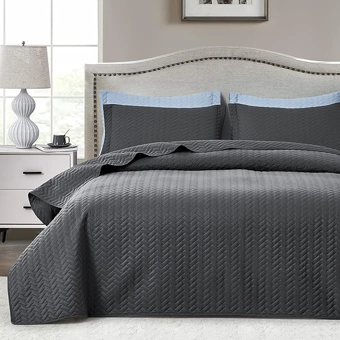 Superior Maple amp Stone Quilt Set King Size Lightweight Charcoal Grey Bedspread Ultrasonic Chevron Pattern Light Coverlet for All Season Comforter Bedding Decor – 3 Piece King Bed Cover Sets Fine Crafted