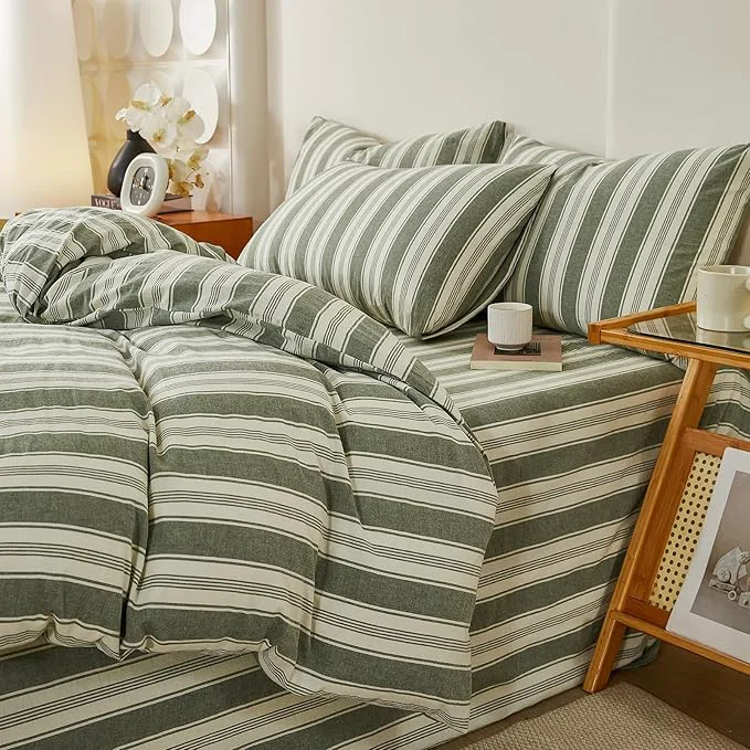 Sustainable Retro Striped Duvet Cover Set Queen 3 Piece Vintage Green White Stripes Pattern Printed Bedding Set Washed Cotton Soft Breathable Duvet Cover Farmhouse Comforter Cover Striped Beding Set Innovative