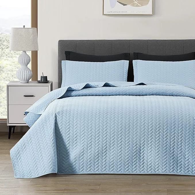 Natural Maple amp Stone Quilt Set Queen Size Lightweight Light Blue Bedspread Ultrasonic Chevron Pattern Light Coverlet for All Season Comforter Bedding Decor – 3 Piece Full Bed Cover Sets Classic