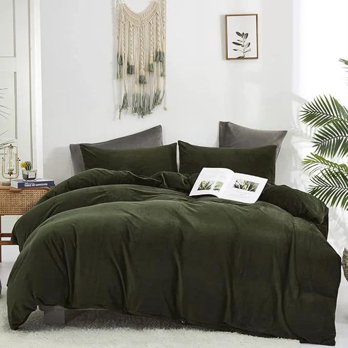 Pure CLOTHKNOW Army Green Velvet Comforter Set Twin Twin XL 3Pcs Dark Green Bedding Comforter Sets Hunter Green Comforter Soft Olive Green Comforter Sets Reusable