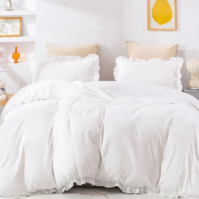 Detailed CLOTHKNOW White Ruffle King Size Comforter Set Shabby Chic Bedding Sets Farmhouse Comforter Vintage Rustic Comforter with 2 x Pillow Cases Official