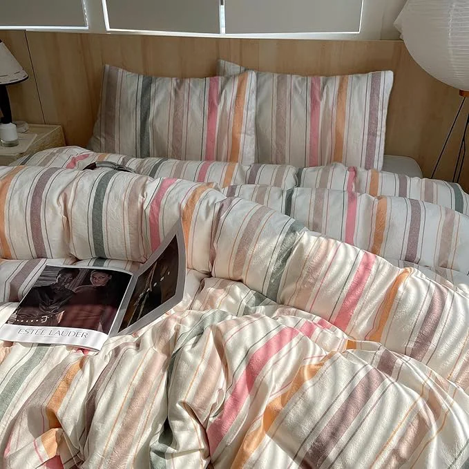Outstanding Retro Striped Duvet Cover Set Full Washed Cotton Multicolor Stripes Pattern Printed Bedding Set Vintage Striped Comforter Cover with 2 Pillowcases 3 Pieces Soft Breathable Duvet Cover Full Excellent