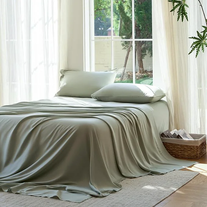 Premium DOZ Sheet Set Viscose derived from Bamboo Organically Grown Buttery Soft Cooling Sheets High GSM Deep Pockets – 3 Piece – 2 Pillowcases 1 Fitted Sheet Sage Cal King Certified