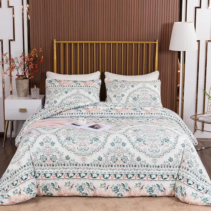 Authentic CLOTHKNOW Green White Floral Queen Comforter Set Botanical Bedding Comforter Sets Soft Boho Comforter Queen with 2 x Pillowcases Advanced