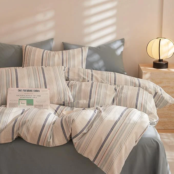 Fashionable LifeTB Striped Duvet Cover Set King Washed Cotton Blue White Stripes Pattern Printed Comforter Cover 3 Pieces Farmhouse Striped Bedding Set Breathable Duvet Cover King with 2 Pillowcases Soft