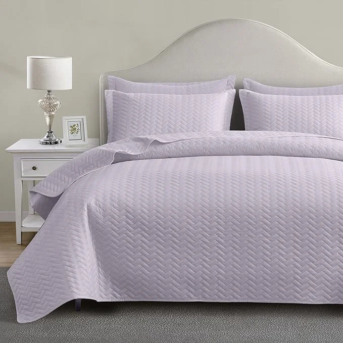 Maple amp Stone Lilac Purple Quilt Set Queen Size Lightweight Bedspread Ultrasonic Chevron Pattern Light Coverlet for All Season Comforter Bedding Decor – 3 Piece Full Bed Cover Sets Long-Lasting