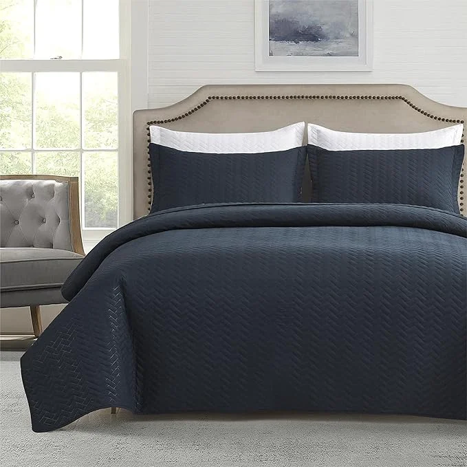 Sustainable Maple amp Stone Quilt Set King Size Lightweight Navy Bedspread Ultrasonic Chevron Pattern Light Coverlet for All Season Comforter Bedding Decor – 3 Piece King Bed Cover Sets Comfortable