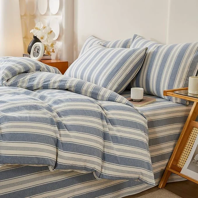 Safe Blue Striped Duvet Cover Set Twin Washed Cotton Chic Stripes Pattern Printed Bedding Set Twin 3 Pieces Soft Breathable Duvet Cover Farmhouse Retro Striped Comforter Cover with Zipper Closure Long-Lasting