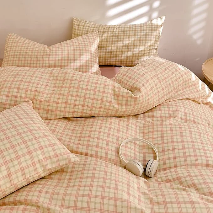 Enhanced Pink Plaid Duvet Cover Gingham Bedding Set Full Cotton Muslin Vintage Plaid Checkered Comforter Cover Linen Like Breathable Gauze Duvet Cover with 2 Pillowcases Farmhouse Grid Bedding Set Full Pure
