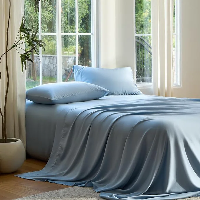 Advanced DOZ Sheet Set Viscose derived from Bamboo Organically Grown Buttery Soft Cooling Sheets High GSM Deep Pockets – 3 Piece – 2 Pillowcases 1 Fitted Sheet Sky King Certified