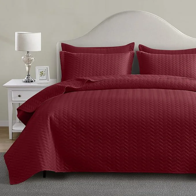 Efficient Maple amp Stone Quilt Set King Size Burgundy Lightweight Bedspread Ultrasonic Chevron Pattern Light Coverlet for All Season Comforter Bedding Decor – 3 Piece King Bed Cover Sets World-Class