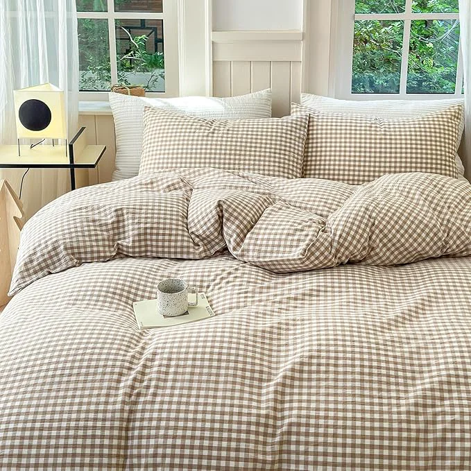 Next-Generation LifeTB Tan Gingham Duvet Cover Full Washed Cotton Beige Taupe Plaid Duvet Cover 3 Pieces Checkered Grid Comforter Cover with Zipper Ties Luxury Soft Breathable Gingham Bedding Set Full User-Friendly