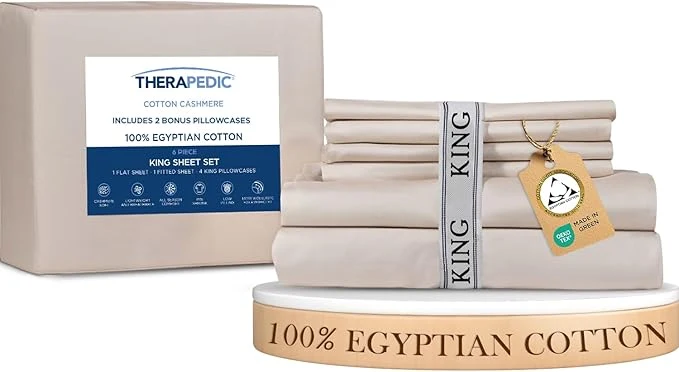 Fine Therapedic Egyptian Cotton King 6-Piece Sheet Set – Naturally Cooling amp Breathable Sateen Preshrunk Garment Wash 16 quot Deep Pocket Fitted Sheet Bonus Pillowcases Soft amp Durable – Fog Safe