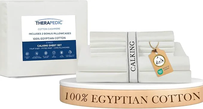 Reusable Therapedic Egyptian Cotton California King 6-Piece Sheet Set – Naturally Cooling amp Breathable Sateen Preshrunk Garment Wash 16 quot Deep Pocket Fitted Sheet Bonus Pillowcases Soft amp Durable-White Fast