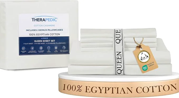 Trendy Therapedic Egyptian Cotton Queen 6-Piece Sheet Set – Naturally Cooling amp Breathable Sateen Preshrunk Garment Wash 16 quot Deep Pocket Fitted Sheet Bonus Pillowcases Soft amp Durable – White High-Performance