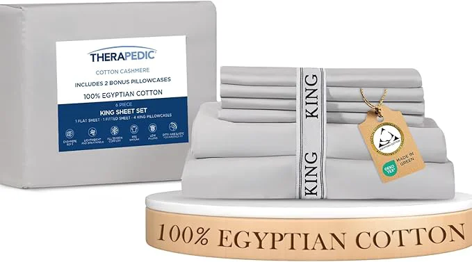 Modern Therapedic Egyptian Cotton King 6-Piece Sheet Set – Naturally Cooling amp Breathable Sateen Preshrunk Garment Wash 16 quot Deep Pocket Fitted Sheet Bonus Pillowcases Soft amp Durable – Dove User-Friendly